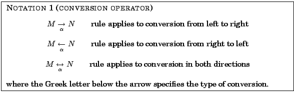 \fbox{
\parbox{12.5cm}{
{\sc Notation 1 (conversion operator)}
\begin{center}$...
...r}where the Greek letter below the arrow specifies the type of conversion.
}
}